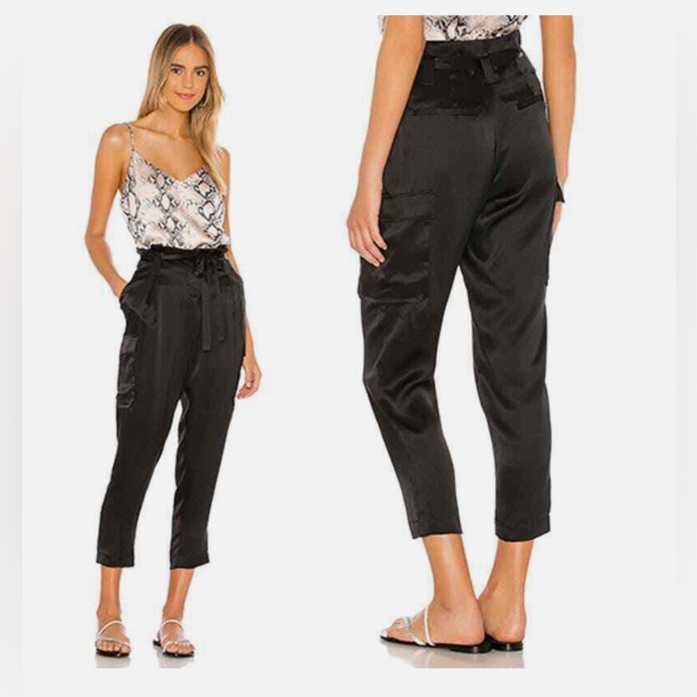 L'AGENCE Black Satin Paperbag Waist Cargo Cropped Pants